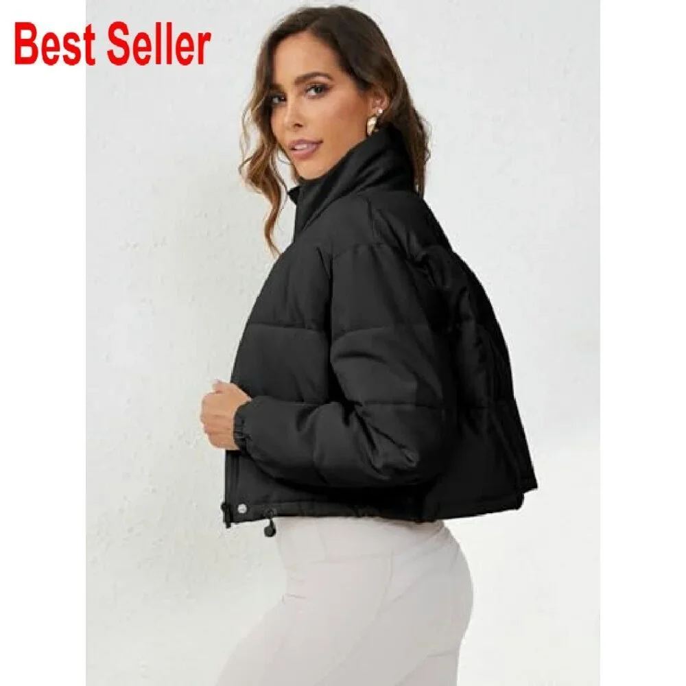 Cropped Puffer Jacket Oversized Quilted Lightweight Stand Collar Zip Up
